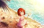  artist_request beach blush bracelet brown_eyes crab dress idolmaster idolmaster_cinderella_girls idolmaster_cinderella_girls_starlight_stage jewelry murakami_tomoe ocean official_art pink_dress red_hair sand sand_writing short_hair solo sparkle stick wavy_mouth 