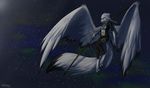  anthro avian canine clothed clothing feathered_wings feathers female fur hitmore hybrid looking_at_viewer mammal night_sky outside solo staff wings 