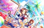  ^_^ artist_request ball beachball braid brown_eyes brown_hair closed_eyes concert dress dutch_angle hat idol idolmaster idolmaster_cinderella_girls idolmaster_cinderella_girls_starlight_stage kawashima_mizuki midriff multiple_girls namba_emi official_art one_eye_closed palm_tree rainbow sailor_collar sailor_dress samapuri smile thighhighs tree ueda_suzuho 