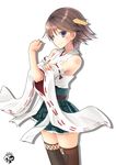  blue_eyes brown_hair chize detached_sleeves hairband hand_on_own_arm hiei_(kantai_collection) japanese_clothes kantai_collection looking_at_viewer nontraditional_miko plaid plaid_skirt short_hair skirt smile solo thighhighs watermark white_background wide_sleeves 