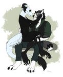  anthro canine clothed clothing duo fangs female fingerless_gloves gloves hitmore male mammal sergal simple_background sitting smile teeth 