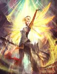  1girl absurdres arm_up backlighting bastion_(overwatch) blonde_hair blue_eyes bodysuit breasts cowboy_shot genji_(overwatch) glowing glowing_wings high_ponytail highres holding holding_staff large_breasts light_beam lips long_hair looking_up mechanical_halo mechanical_wings mercy_(overwatch) narutocuhh overwatch pantyhose parted_lips ponytail resurrection signature solo_focus spread_wings staff watermark web_address wings yellow_wings 