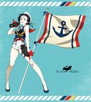  anchor_symbol belt binoculars black_hood character_name earrings flag gloves gun hat highres holster jewelry kamezaemon multicolored_hair original sailor sailor_collar sailor_hat short_shorts shorts two-tone_hair weapon 