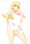  blonde_hair blush breasts cum dress ejaculation erection foreskin genderswap genderswap_(ftm) large_testicles long_hair monogatari_(series) necrosmos newhalf oshino_shinobu otoko_no_ko penis pointy_ears sideboob simple_background sleeveless sleeveless_dress small_breasts smile solo testicles watermark web_address white_background white_dress yellow_eyes 