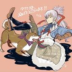  brown_fur canine clothed clothing dialogue dog duo feral fire_emblem fire_emblem_fates fur hair human humanoid japanese japanese_text male mammal nintendo open_mouth red_eyes simple_background sitting solo takumi_(fire_emblem) teeth text tongue translated unknown_artist video_games white_fur white_hair writing 