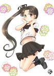  ayanami_(kantai_collection) brown_eyes brown_hair chize flower hair_ribbon jumping kantai_collection long_hair looking_at_viewer midriff navel ribbon school_uniform serafuku side_ponytail solo watermark 