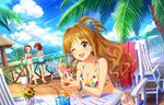  artist_request beach bikini blue_hawaii bow bracelet breasts brown_eyes brown_hair cleavage day dutch_angle floral_print green_eyes hair_bow hino_akane_(idolmaster) idolmaster idolmaster_cinderella_girls idolmaster_cinderella_girls_starlight_stage jewelry long_hair medium_breasts midriff multiple_girls namba_emi official_art one_eye_closed palm_tree samapuri short_hair side-tie_bikini smile swimsuit tree tropical_drink ueda_suzuho umbrella wavy_hair 