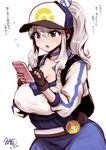  alternate_hairstyle artist_name black_gloves blue_eyes breasts cellphone cleavage cosplay dated female_protagonist_(pokemon_go) female_protagonist_(pokemon_go)_(cosplay) fingerless_gloves flying_sweatdrops gloves hat highres huge_breasts kantai_collection kashima_(kantai_collection) long_hair phone pokemon pokemon_go ponytail signature silver_hair smartphone solo souryu sweat translation_request 