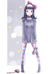  bad_id bad_pixiv_id black_eyes black_hair choker highres kowiru long_hair original oversized_clothes shoes_removed solo standing striped striped_legwear thighhighs 