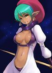  aqua_hair breasts center_opening cleavage dark_skin earrings grin hat highres jewelry johan_(johan13) large_breasts looking_at_viewer luca_(star_gladiator) navel pointy_ears short_hair smile solo staff star_gladiator tears yellow_eyes 