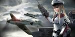  aircraft bf_109 black_gloves blonde_hair breasts capelet celtic_knot cloud cloudy_sky driftkingtw fairy_(kantai_collection) flight_deck gloves graf_zeppelin_(kantai_collection) grey_eyes gun hat highres iron_cross kantai_collection large_breasts military military_uniform military_vehicle multiple_aircraft ocean outdoors peaked_cap sidelocks sky twintails uniform upper_body water weapon 