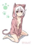  animal_ears arms_between_legs bangs bare_legs barefoot blush breasts cat_ears cat_tail collarbone ebifurya eyebrows eyebrows_visible_through_hair fake_animal_ears fake_tail full_body gradient_hair hair_between_eyes highres hood hoodie kantai_collection long_sleeves looking_at_viewer multicolored_hair navel no_bra no_pants paw_print red_eyes shadow short_hair simple_background sitting small_breasts solo tail tama_(kantai_collection) twitter_username two-tone_hair wariza white_background 