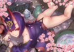  alcohol anklet ass bare_legs barefoot cherry_blossoms commentary_request fate/grand_order fate_(series) food fruit hair_ornament hakui_(b600723) horns japanese_clothes jewelry lying makeup mascara on_stomach oni oni_horns peach sake short_hair shuten_douji_(fate/grand_order) smile solo type-moon 