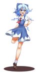  :d ascot blue_eyes blue_hair blush bow cirno commentary dress full_body hair_bow highres ice ice_wings large_bow loafers looking_at_viewer nogiguchi open_mouth running shoes short_hair smile socks solo standing standing_on_one_leg touhou wings 
