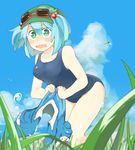  back bare_shoulders blue_eyes blue_hair blue_shirt blue_sky blush breasts bug buttons citrus_(place) cloud cloudy_sky collarbone day dragonfly embarrassed eyebrows eyebrows_visible_through_hair goggles goggles_on_head grass hair_bobbles hair_ornament hat holding_shirt insect kawashiro_nitori leaning_forward looking_at_viewer medium_breasts nose_blush one-piece_swimsuit open_mouth outdoors plant pocket puffy_short_sleeves puffy_sleeves school_swimsuit shirt short_hair short_sleeves short_twintails sky solo surprised swimsuit touhou twintails two_side_up water water_drop 