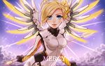  aoi_wakashi_futaba blonde_hair blue_eyes bodysuit breasts character_name cloud glowing glowing_wings high_ponytail highres holding holding_staff leaning_forward lips long_hair looking_at_viewer mechanical_halo mechanical_wings medium_breasts mercy_(overwatch) open_mouth overwatch ponytail smile solo sparkle spread_wings staff upper_body wings yellow_wings 