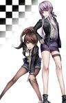  asahina_aoi blue_eyes brown_hair danganronpa danganronpa_3 highres holster jacket kirigiri_kyouko lavender_hair legwear_under_shorts multiple_girls necktie pantyhose pantyhose_under_shorts ponytail purple_eyes sakuyu shorts skirt suit_jacket thigh_holster 