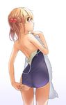  adjusting_clothes adjusting_swimsuit ass back bad_id bad_pixiv_id bare_shoulders blonde_hair blue_swimsuit brown_eyes closed_mouth from_behind hair_bobbles hair_ornament holding legs_apart off_shoulder one-piece_swimsuit original profile short_hair short_twintails simple_background solo standing swimsuit thighs towel twintails white_background yoropa 