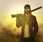  anthro bandanna beard canine clothed clothing facial_hair gun hitmore male mammal outside ranged_weapon shotgun solo standing weapon 