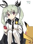 amano_kouki anchovy anzio_school_uniform black_cape black_neckwear cape commentary_request drill_hair gen_1_pokemon girls_und_panzer green_hair hair_between_eyes hair_ribbon hand_on_own_knee long_hair long_sleeves looking_at_viewer necktie pantyhose pikachu pokemon pokemon_(creature) pokemon_go red_eyes ribbon shirt twin_drills twintails uniform white_shirt 