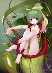  2016 anklet ass bad_id bad_pixiv_id bags_under_eyes bangs bare_shoulders barefoot beckoning breasts carnivorous_plant collarbone crotchless_clothes dancho_(dancyo) eyebrows eyebrows_visible_through_hair fingernails full_body gradient green_hair headgear jewelry knees_up leaf leg_up leotard light_particles long_fingernails looking_at_viewer medium_breasts original outstretched_arms palms parted_lips personification pitcher_plant plant plant_girl sidelocks signature sitting slit_pupils solo toenails vines water_drop 