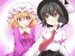  bad_id bad_pixiv_id black_hair blonde_hair bow brown_eyes chako_(chakoxxx) fedora hair_bow hat highres maribel_hearn mob_cap multiple_girls necktie open_mouth purple_eyes touhou usami_renko 