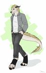  anthro canine clothed clothing dragon fangs hands_in_pockets hitmore horn hybrid looking_at_viewer male mammal simple_background smile solo standing teeth 
