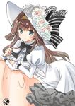  alternate_costume blue_eyes brown_hair chize cup dress flower hairband hat hat_flower hat_ribbon juliet_sleeves kantai_collection kongou_(kantai_collection) leaning_on_object long_hair long_sleeves looking_at_viewer puffy_sleeves ribbon saucer smile solo tea teacup victorian watermark 