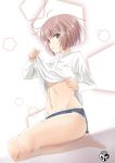  barefoot brown_hair chestnut_mouth chize kantai_collection looking_at_viewer messy_hair midriff navel open_mouth red_eyes shirt_lift short_hair solo watermark z3_max_schultz_(kantai_collection) 