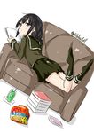  :&lt; black_eyes black_hair blush book brown_skirt couch cup drinking_glass drinking_straw dutch_angle ebifurya full_body highres holding holding_book ice ice_cube kantai_collection kitakami_(kantai_collection) kneehighs long_sleeves looking_at_viewer lying melon_soda no_shoes on_stomach pleated_skirt school_uniform serafuku sidelocks simple_background skirt snack solo the_pose twitter_username white_background 