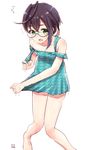  1girl adapted_costume adjusting_clothes ahoge alternate_costume bare_arms bare_legs bare_shoulders black_hair blue-framed_eyewear commentary_request glasses green_eyes highres kantai_collection looking_at_viewer multicolored_hair nayuhi_(yukimuu14) okinami_(kantai_collection) pink_hair short_hair simple_background smile solo swimsuit unmoving_pattern white_background 