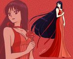  bishoujo_senshi_sailor_moon black_eyes black_hair choker dress expressionless flower full_body hino_rei lisginka long_hair looking_to_the_side princess_mars projected_inset red red_background red_dress red_flower red_rose rose signature solo standing very_long_hair 