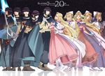  2016 5boys 5girls anniversary black_hair black_pants blonde_hair blue_bow blue_eyes boots bow brown_footwear cape circlet copyright_name dress filia_ul_copt frills full_body gloves hat highres long_hair lyxu multiple_boys multiple_girls multiple_persona one_eye_closed pants pink_dress shoes slayers slayers_try spiked_mace staff standing white_footwear white_gloves white_hat xelloss 