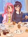  akemi_homura bacon black_hair blush caffeccino casual cup egg food fork glasses kaname_madoka long_hair looking_at_another mahou_shoujo_madoka_magica multiple_girls pancake pink_eyes pink_hair plate purple_eyes salt_shaker sitting smile watermark web_address yuri 