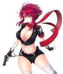  ass_visible_through_thighs bangs belt_pouch black_gloves black_shorts blade_(soccer_spirits) breasts cleavage collarbone covered_nipples crop_top cuffs eyebrows eyebrows_visible_through_hair eyelashes finger_on_trigger fingerless_gloves gloves groin gun hair_between_eyes handcuffs handgun headgear highres holding holding_gun holding_weapon large_breasts light_particles looking_at_viewer midriff moing navel pistol pocket pouch red_eyes red_hair red_scarf scarf shiny shiny_skin shorts sidelocks simple_background skindentation soccer_spirits solo stomach sweat thighhighs weapon white_background white_legwear 