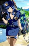  1girl blue_hair breasts cleavage fairy_tail handcuffs juvia_loxar legwear long_hair medium_breasts police_uniform smile smirk solo standing tattoo thighs 