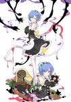  apron blood blood_stain blue_eyes blue_hair blush clenched_teeth covered_wagon detached_sleeves dress frills hair_ornament hair_over_one_eye highres horn ideolo looking_at_viewer mace maid maid_apron maid_headdress monster re:zero_kara_hajimeru_isekai_seikatsu rem_(re:zero) ribbon short_hair solo spoilers teeth wagon weapon x_hair_ornament 