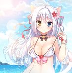  aina_rive animal_ears bell bell_choker bikini blue_eyes breasts cat_ears choker cleavage heterochromia large_breasts long_hair looking_at_viewer mauve original smile solo swimsuit white_hair yellow_eyes 