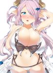  arm_up armpits ass ass_visible_through_thighs bad_id bad_pixiv_id bikini blush breasts bursting_breasts cameltoe cleavage draph granblue_fantasy hair_ornament hair_over_one_eye hairclip highres horns huge_breasts long_hair looking_at_viewer mizukami_ryouma narmaya_(granblue_fantasy) navel parted_lips pointy_ears purple_hair simple_background skindentation solo sweatdrop swimsuit thigh_gap very_long_hair white_background white_bikini 