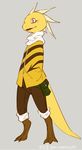  2016 aged_up ambiguous_gender anthro armless clothed clothing grey_background monster_kid ningenzoo scalie simple_background solo standing undertale video_games yellow_body 