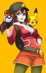  :d animal animal_on_shoulder backpack bag bangs baseball_cap belt black_hat black_legwear blue_eyes breasts brown_hair choker cleavage cowboy_shot cropped_jacket eyelashes female_protagonist_(pokemon_go) fingerless_gloves gen_1_pokemon gloves hair_between_eyes hand_on_hip hand_up hat holding holding_poke_ball leggings long_hair looking_at_viewer maruta_kentarou medium_breasts open_mouth pikachu poke_ball poke_ball_(generic) pokemon pokemon_(creature) pokemon_(game) pokemon_go ponytail red_lips short_jumpsuit sidelocks simple_background smile yellow_background 