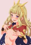  arched_back arm_guards bangs blonde_hair blush bracer breasts cagliostro_(granblue_fantasy) cape clearite covering_nipples crown eyebrows_visible_through_hair granblue_fantasy hairband long_hair naked_cape open_mouth purple_eyes red_cape simple_background small_breasts smile solo upper_body upper_teeth 