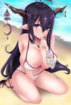  antenna_hair bandaged_arm bandages bikini black_hair blush breasts cleavage danua draph granblue_fantasy hair_between_eyes highres horn_ornament horns jewelry large_breasts long_hair looking_at_viewer pointy_ears red_eyes sandals sayo_ayato sitting solo stomach swimsuit white_bikini 