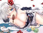  bag bare_legs bare_shoulders blue_eyes breasts cleavage collarbone eyebrows eyebrows_visible_through_hair flower food fox_mask glint hair_flower hair_ornament hair_over_one_eye hamakaze_(kantai_collection) japanese_clothes kantai_collection keepout kimono large_breasts lying mask mouth_hold off_shoulder on_side open_clothes open_kimono petals red_flower sash short_hair silver_hair simple_background solo thighs white_background yukata 