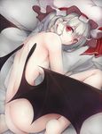  ass bat_wings breast_press breasts earrings hat hat_ribbon jewelry medium_breasts mob_cap nude pillow red_eyes remilia_scarlet ribbon short_hair silver_hair solo touhou utakata_(kochou_no_yume) wing_censor wings 