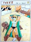  2016 anthro barefoot beach beverage black_nose blonde_hair canine clothed clothing comic dashthefox_(artist) deckchair eyewear food fox fur hair hi_res jcfox_(artist) long_hair male mammal multicolored_fur muscular orange_fur seaside speedo swimsuit table text underwear 