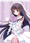  bad_id bad_pixiv_id black_hair blush bouquet bridal_veil bride choker cowboy_shot dress elbow_gloves flower gloves green_eyes long_hair looking_at_viewer purple_background purple_flower purple_gloves purple_rose rose slayers smile solo sylphiel_nels_lahda veil wedding_dress white_dress yumeiro_hanabi 