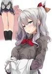  1girl admiral_(kantai_collection) arms_behind_back blouse blue_eyes blush breasts faceless faceless_male gintarou_(kurousagi108) gloves grey_blouse hair_between_eyes hair_ribbon kantai_collection kashima_(kantai_collection) large_breasts long_hair long_sleeves looking_at_another miniskirt open_mouth pleated_skirt ribbon silver_hair skirt skirt_grab twintails upper_body wavy_hair wet wet_clothes white_gloves 