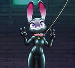  alec8ter anthro bodysuit clothed clothing collar collar_tag disney female flat_chested front_view gag gagged gimp_suit huebree judy_hopps lagomorph leash looking_at_viewer mammal mask rabbit rubber skinsuit solo text tight_clothing v_sign zipper zootopia 