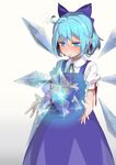  absurdres ahoge blue_dress blue_eyes blue_hair blush cirno dress full-face_blush gradient gradient_background hair_ribbon highres ice ice_wings open_mouth puffy_sleeves ribbon short_hair short_sleeves solo squiggle suppa_(hagakuresuppa) sweat touhou wings 